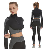 Women 2Piece Yoga Set High Waisted Workout Leggings And Sports Crop Top Zipper Jacket Long Sleeve With Thum Hole