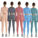 Women 2pcs Seamless Yoga Set Sport Suit Gymwear Workout Clothes Long Sleeve Gym Crop Top High Waist Leggings Fitness Sports Wear