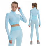 Women 2Piece Yoga Set High Waisted Workout Leggings And Sports Crop Top Zipper Jacket Long Sleeve With Thum Hole