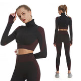 Women 2Piece Yoga Set High Waisted Workout Leggings And Sports Crop Top Zipper Jacket Long Sleeve With Thum Hole