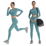 Women 2pcs Seamless Yoga Set Sport Suit Gymwear Workout Clothes Long Sleeve Gym Crop Top High Waist Leggings Fitness Sports Wear