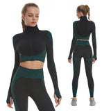 Women 2Piece Yoga Set High Waisted Workout Leggings And Sports Crop Top Zipper Jacket Long Sleeve With Thum Hole