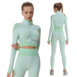 Women 2Piece Yoga Set High Waisted Workout Leggings And Sports Crop Top Zipper Jacket Long Sleeve With Thum Hole