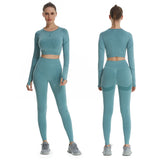 Women 2pcs Seamless Yoga Set Sport Suit Gymwear Workout Clothes Long Sleeve Gym Crop Top High Waist Leggings Fitness Sports Wear