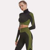 Women 2Piece Yoga Set High Waisted Workout Leggings And Sports Crop Top Zipper Jacket Long Sleeve With Thum Hole