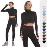 Women 2Piece Yoga Set High Waisted Workout Leggings And Sports Crop Top Zipper Jacket Long Sleeve With Thum Hole