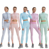 Women 2Piece Yoga Set High Waisted Workout Leggings And Sports Crop Top Zipper Jacket Long Sleeve With Thum Hole